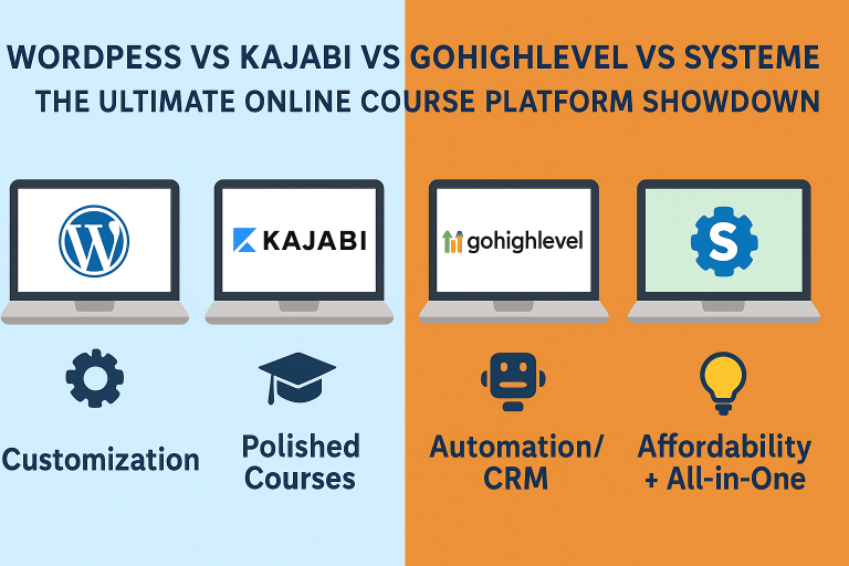 Read more about the article The Ultimate Online Course Platform Showdown – WordPress, Kajabi, GoHighLevel vs Systeme